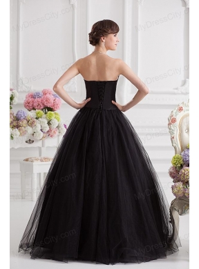 Simple A-line Strapless Tulle Black Quinceanera Dress with Ruffle