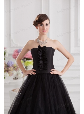 Simple A-line Strapless Tulle Black Quinceanera Dress with Ruffle