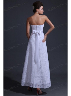 Strapless Empire Ankle-length Lace Wedding Dress with Bowknot