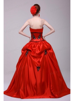 Strapless Red and Black Quinceanera Dress with Appliques with Beading