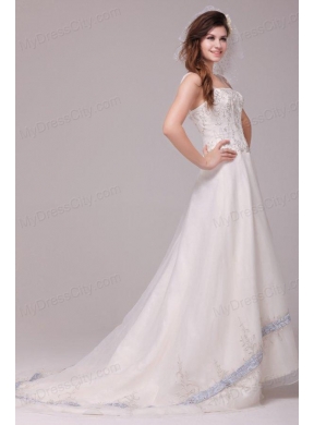 Wide Straps Appliques Decorate Wedding Dress with Court Train