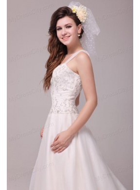 Wide Straps Appliques Decorate Wedding Dress with Court Train