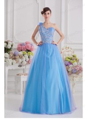 2014 A-line One Shoulder Tulle Blue Quinceanera Dress with Appliques Hand Made Flower