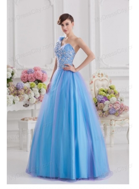 2014 A-line One Shoulder Tulle Blue Quinceanera Dress with Appliques Hand Made Flower