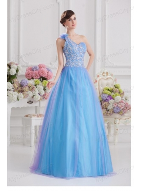 2014 A-line One Shoulder Tulle Blue Quinceanera Dress with Appliques Hand Made Flower