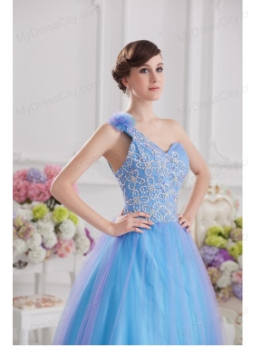 2014 A-line One Shoulder Tulle Blue Quinceanera Dress with Appliques Hand Made Flower