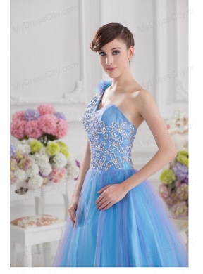 2014 A-line One Shoulder Tulle Blue Quinceanera Dress with Appliques Hand Made Flower