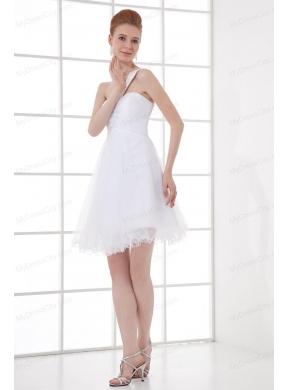 2014 Simple A-line One Shoulder Tulle Ruching Beading Short Wedding Dress