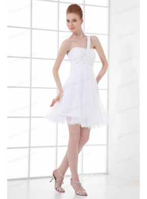 2014 Simple A-line One Shoulder Tulle Ruching Beading Short Wedding Dress