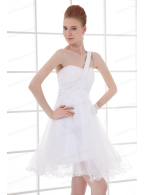 2014 Simple A-line One Shoulder Tulle Ruching Beading Short Wedding Dress