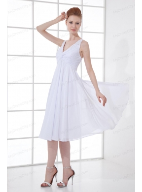 2014 Spring A-line V-neck Knee-length Chiffon Wedding Dress with Ruching