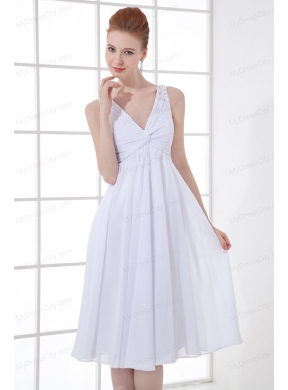 2014 Spring A-line V-neck Knee-length Chiffon Wedding Dress with Ruching