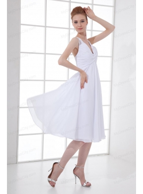 2014 Spring A-line V-neck Knee-length Chiffon Wedding Dress with Ruching