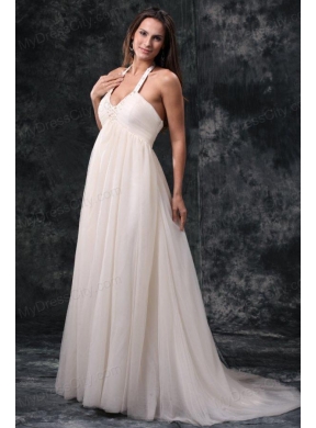 A-Line Halter Court Train Beading Tulle Wedding Dress