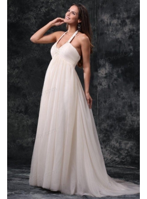 A-Line Halter Court Train Beading Tulle Wedding Dress