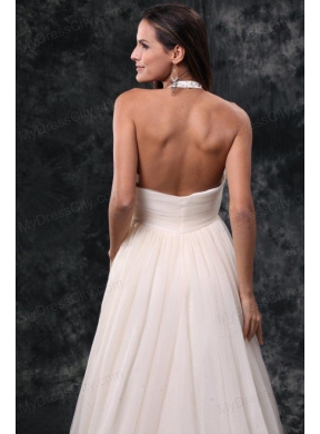 A-Line Halter Court Train Beading Tulle Wedding Dress