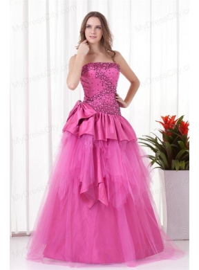 A-line Strapless Beading and Bowknot Quinceanera Dress in Hot Pink