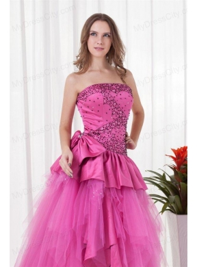 A-line Strapless Beading and Bowknot Quinceanera Dress in Hot Pink