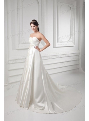 A-line Sweetheart Appliques and Ruching Satin Satin Wedding Dress