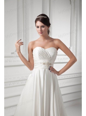 A-line Sweetheart Appliques and Ruching Satin Satin Wedding Dress