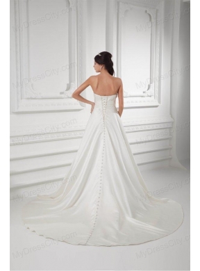 A-line Sweetheart Appliques and Ruching Satin Satin Wedding Dress