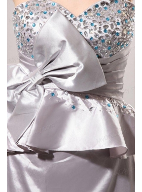 A-line Sweetheart Silver Beading and Ruching Bow Grey Wedding Dress