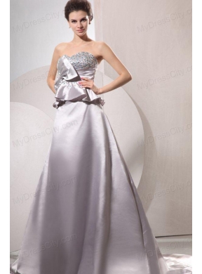 A-line Sweetheart Silver Beading and Ruching Bow Grey Wedding Dress