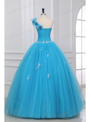 Appliques and Hand Made Flowers One Shoulder Quinceanera Dress in Aqua Blue