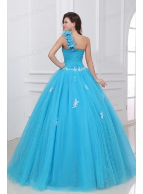 Aqua One Shoulder Appliques and Hand Made Flowers Quinceanera  Dress