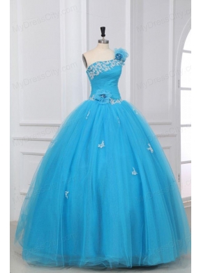 Aqua One Shoulder Appliques and Hand Made Flowers Quinceanera  Dress