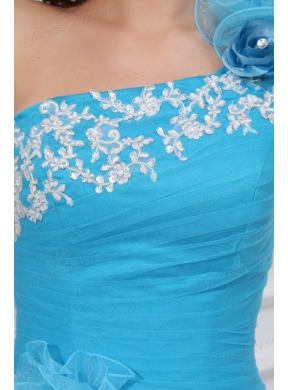 Aqua One Shoulder Appliques and Hand Made Flowers Quinceanera  Dress