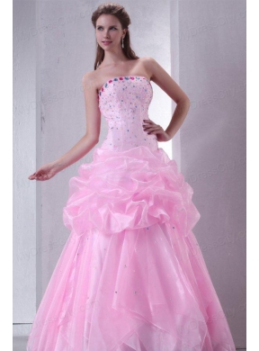 Baby Pink Strapless Beading and Pick-ups Organza Quinceanera Dress