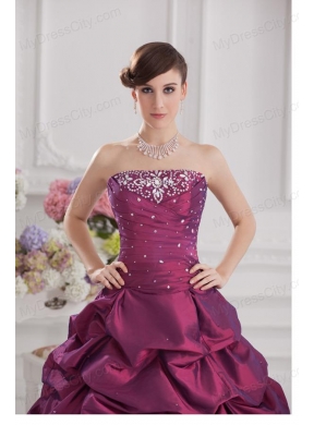 Ball Gown Strapless Taffeta Purple Quinceanera Dress with Beading and Pick-ups