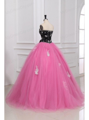 Beading and Appliques Sweetheart Tulle Quinceanera Dress in Black and Rose Pink