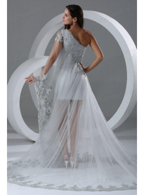 Beautiful A-line One Shoulder Chapel Train Wedding Dress with Side Zipper