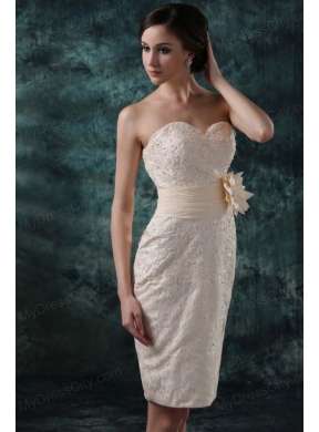 Champagne Column Sweetheart Knee-length Wedding Dress with Flowers