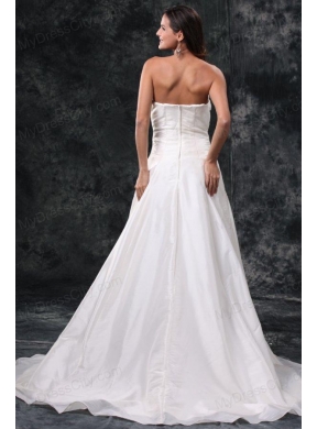 Column Strapless Ruching Court Train Taffeta Wedding Dress