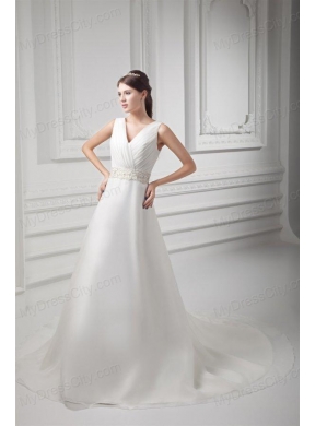 Elegant A-line V-neck Court Train Wedding Dress with Beading and Ruching