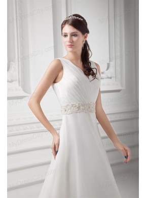 Elegant A-line V-neck Court Train Wedding Dress with Beading and Ruching