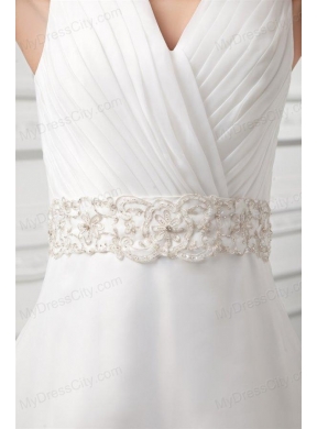 Elegant A-line V-neck Court Train Wedding Dress with Beading and Ruching