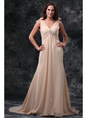 Empire Champagne V-neck Beading Ruching Court Train Chiffon Wedding Dress