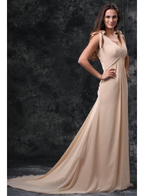 Empire Champagne V-neck Beading Ruching Court Train Chiffon Wedding Dress