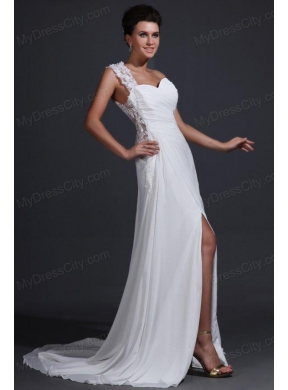 Empire Chiffon One Shoulder Appliques Wedding Dress with Train