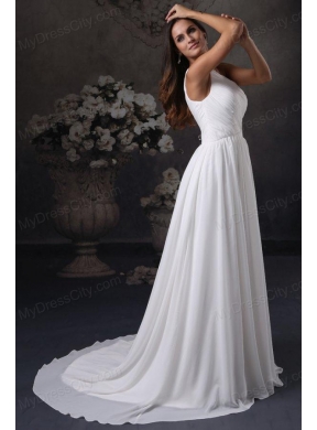 Empire One Shoulder Chiffon Ruching Side Zipper Wedding Dress with Court Train