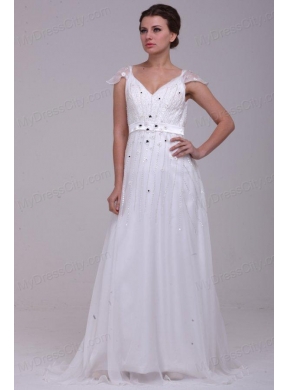 Empire V-Neck Floor-length Zipper Up Wedding Dress with Beading