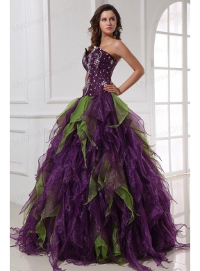 Green and Purple Strapless Rhinestone Quinceanera Dress with Organza