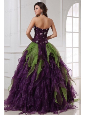 Green and Purple Strapless Rhinestone Quinceanera Dress with Organza