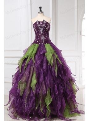 Green and Purple Strapless Rhinestone Quinceanera Dress with Organza