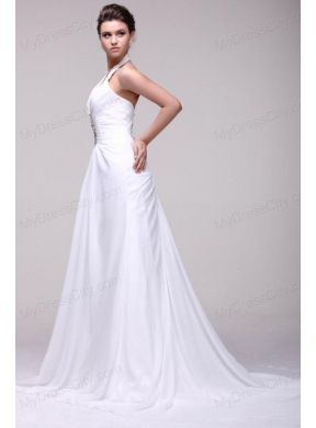 Halter Top Neck A-line Beading Taffeta Court Train Wedding Dress