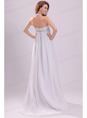 Halter Top Neck Chiffon Empire Beading Wedding Dress with Sweep Train